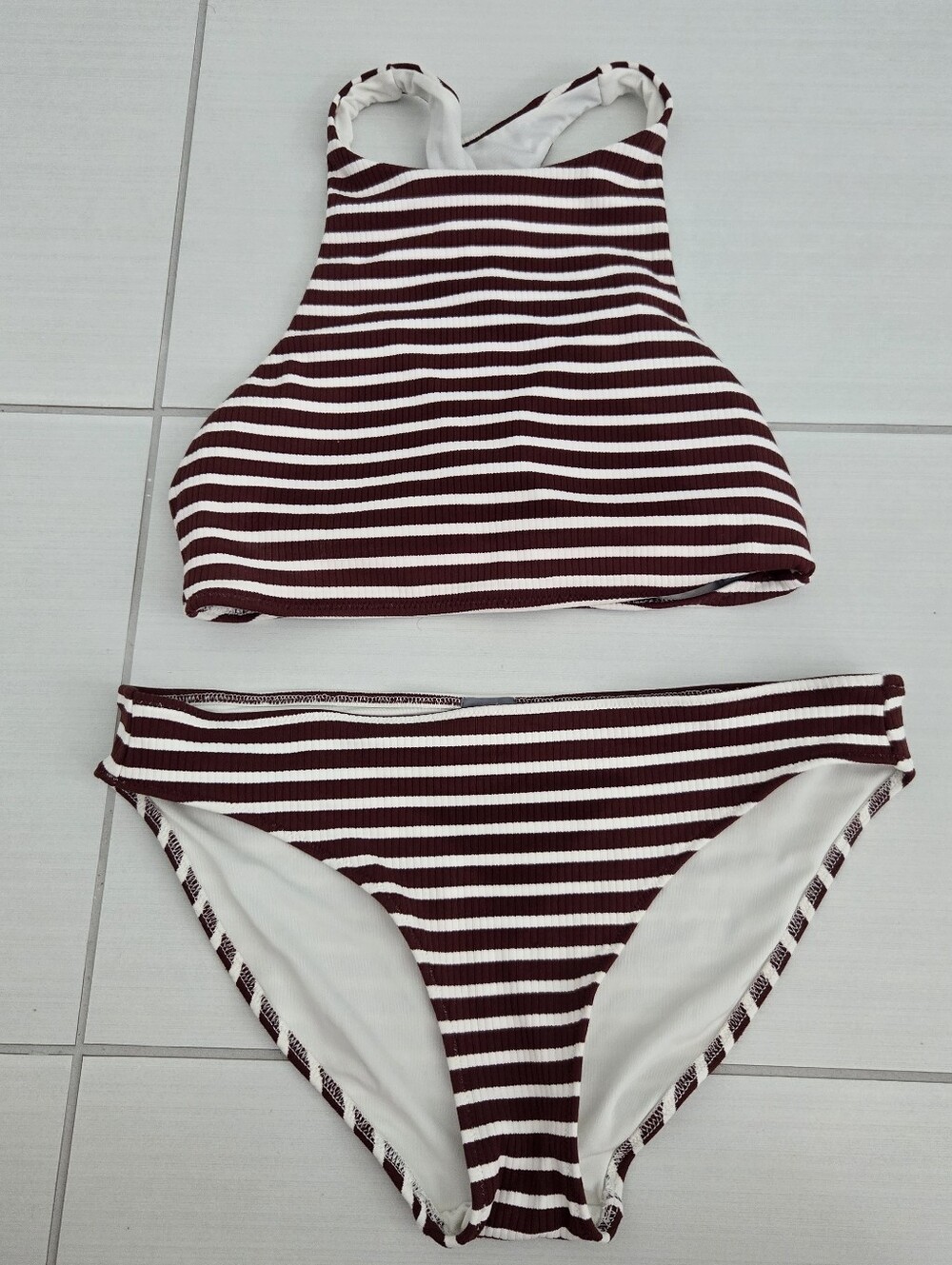 aerie Burgundy and White Ribbed Stripe Bikini Bottom
